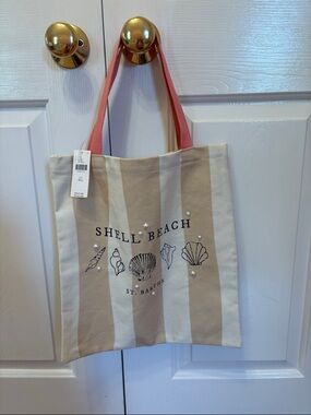 Shell Beach St. Barths Canvas Tote Bag in Beige & White with Coral Handles